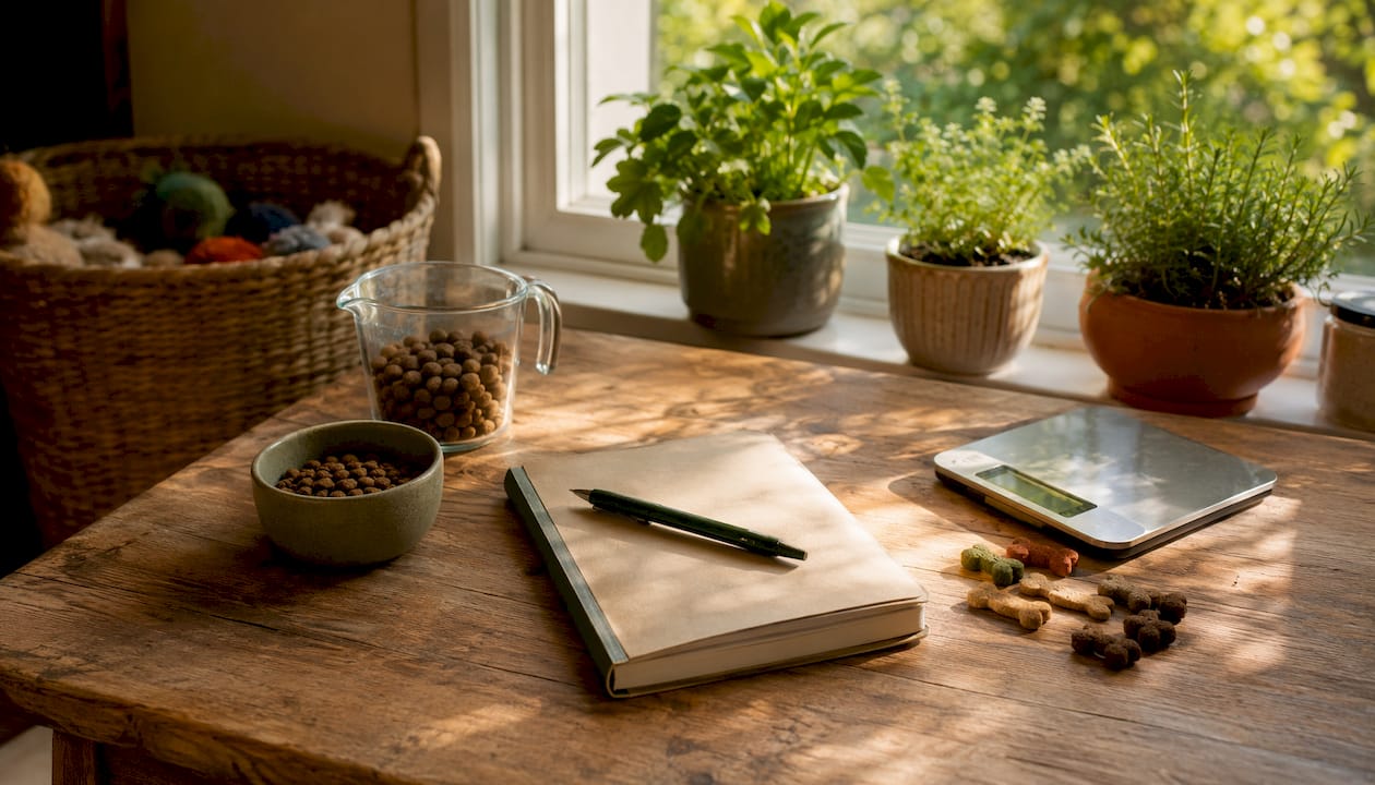 Dog food diary with bowl and scale overhead