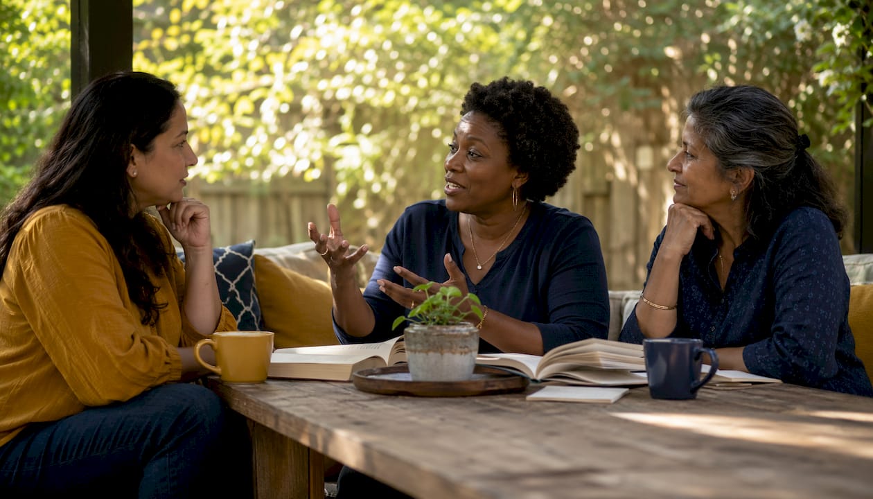 Diverse women discussing books on burnout