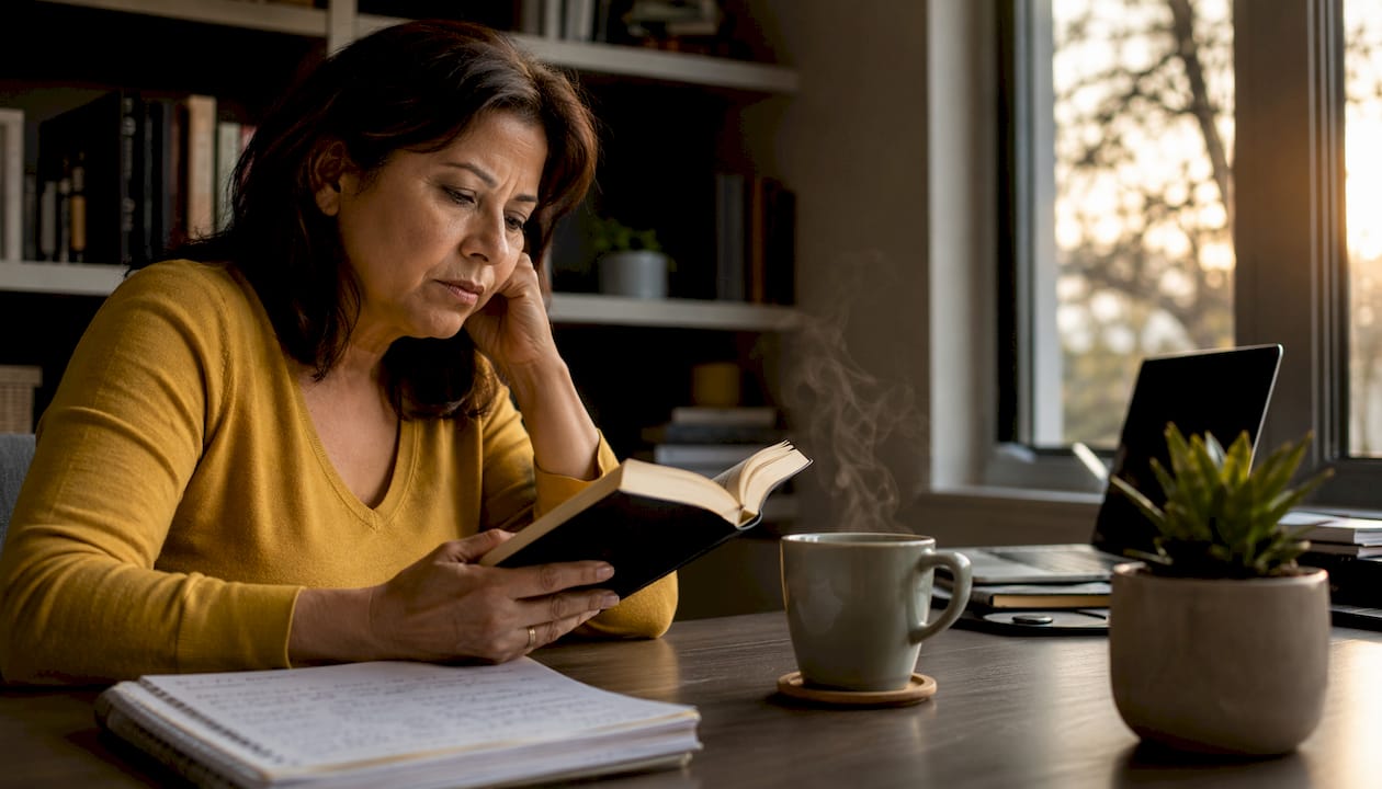 Woman reading burnout advice thoughtfully