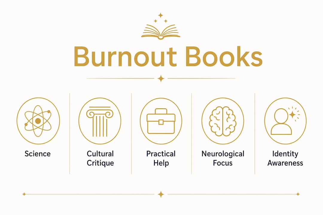 Infographic showing key approaches in women's burnout books
