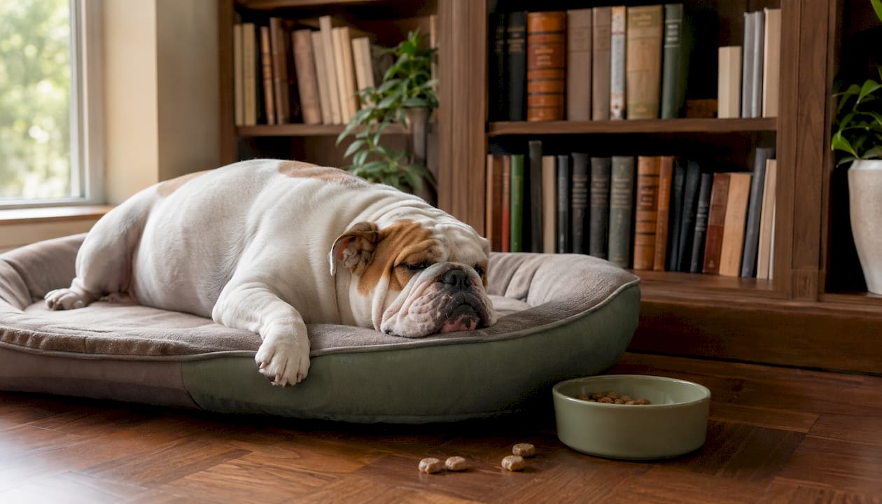 Overweight bulldog resting on dog bed indoor