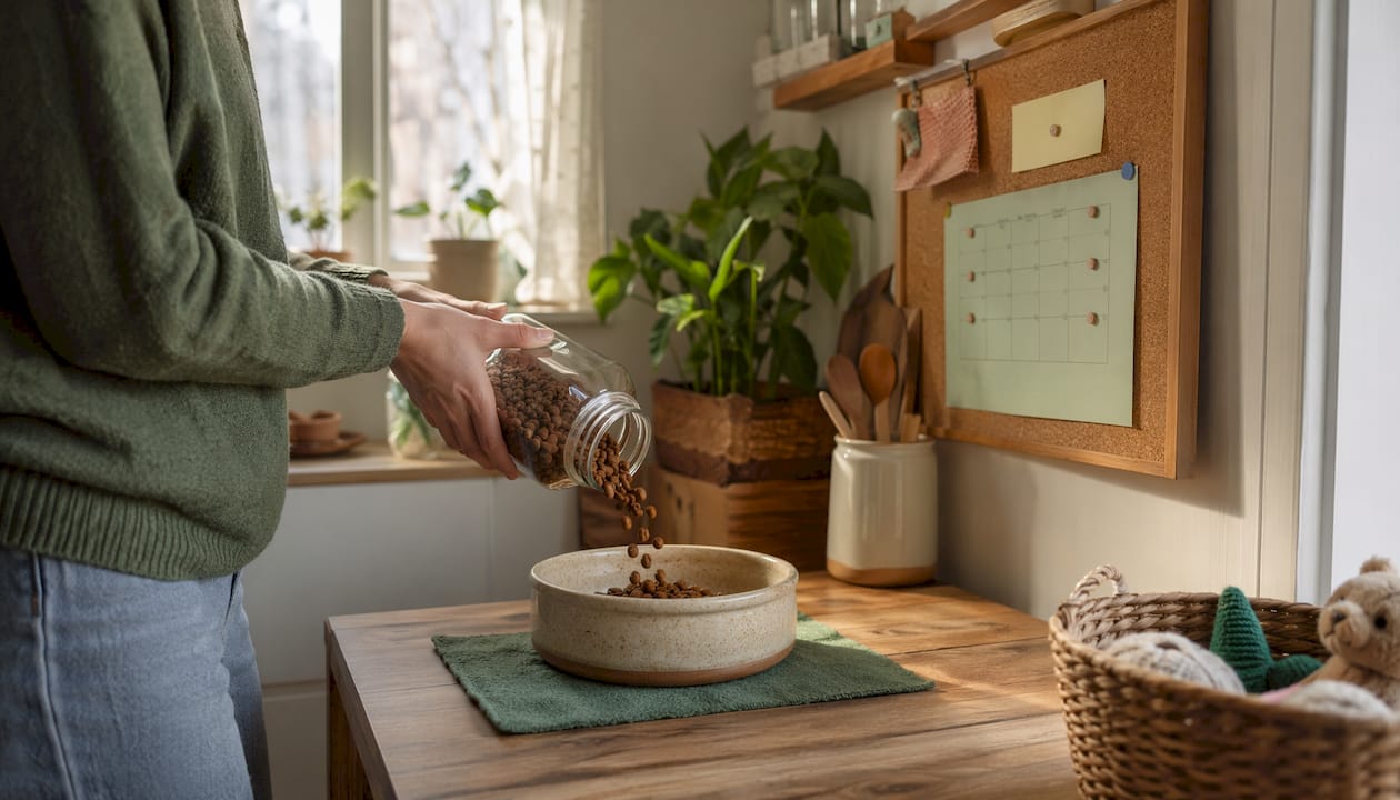 Measured dog food bowl and feeding schedule