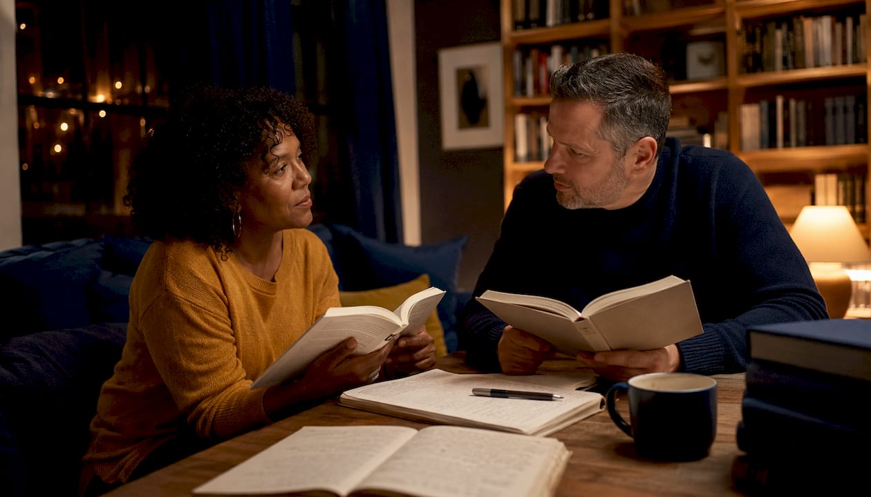 Couple discussing attachment styles with books at kitchen table