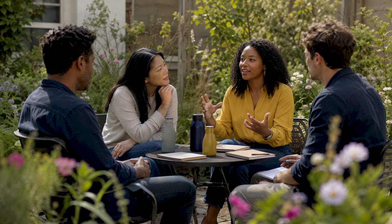 Support group sharing experiences indoors