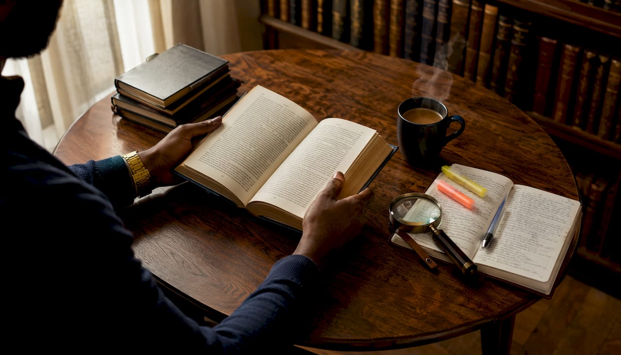 Hands holding book and notes in study room