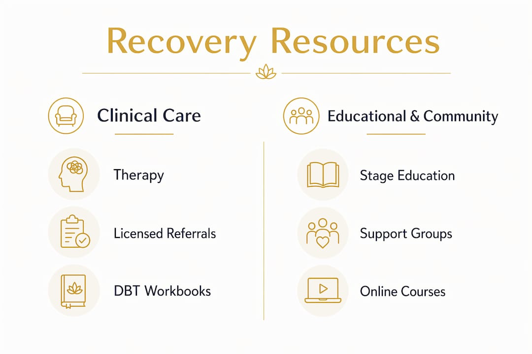 Infographic comparing clinical and educational recovery resources
