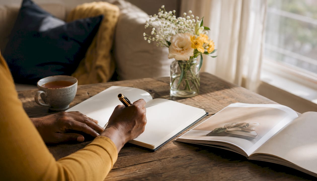 Close-up of hands journaling recovery advice