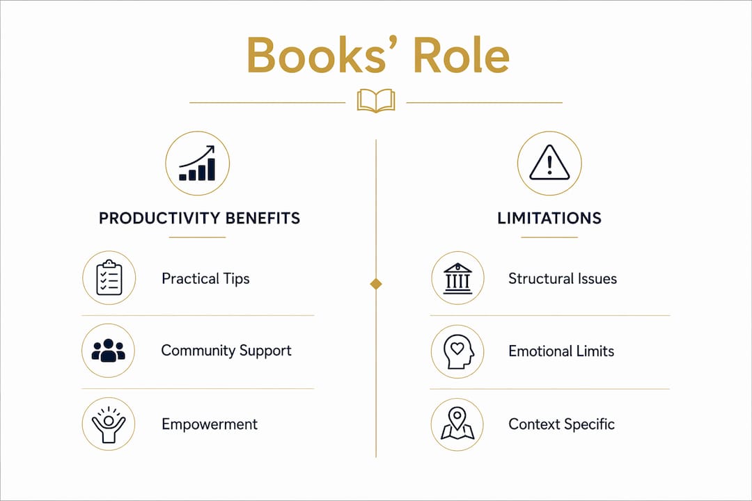 Infographic comparing productivity books' benefits and limits