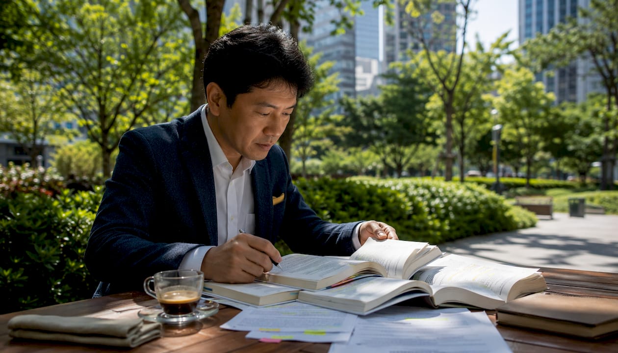 Man organizing research papers at café table