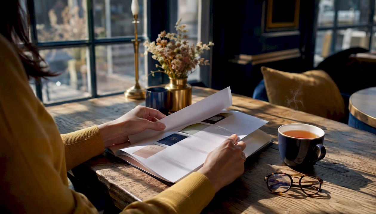 Hands holding recovery reading list in cozy nook