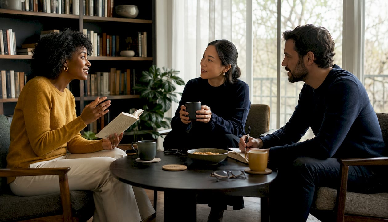 Group discussing books in café