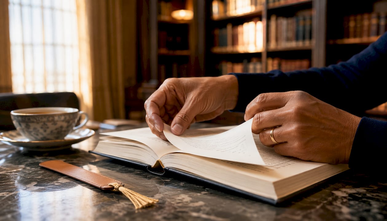 Close-up of hands turning book page
