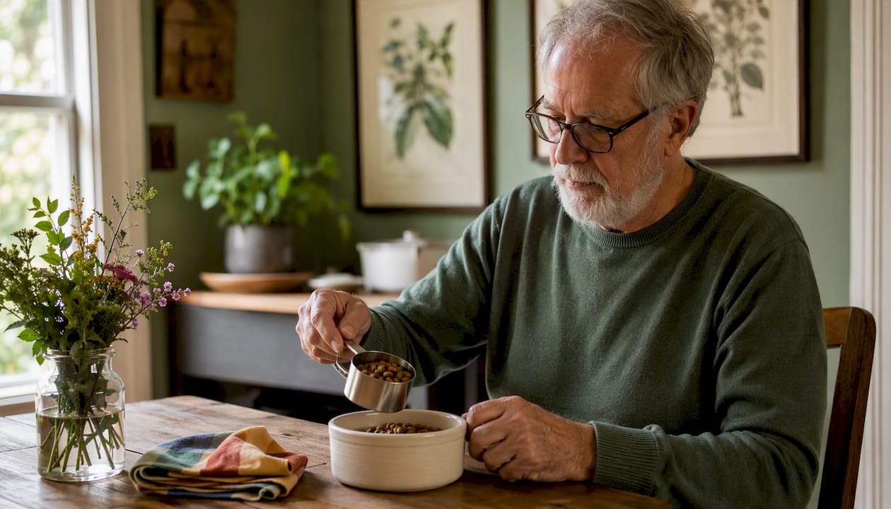 Man measuring dry cat food for senior pet