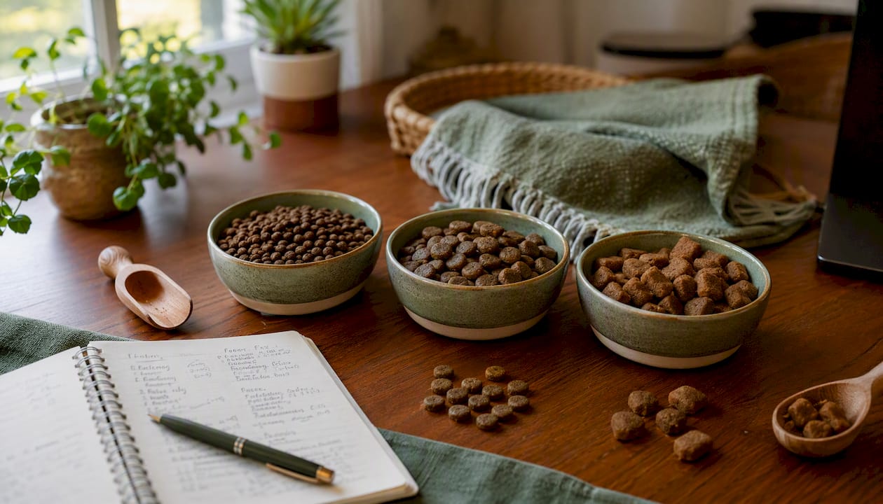 Overhead view of breed-specific kibble sizes in bowls