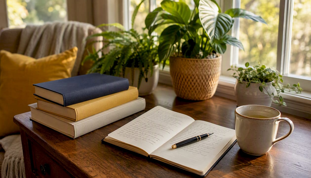 Overhead view of healing memoir books and notes on desk
