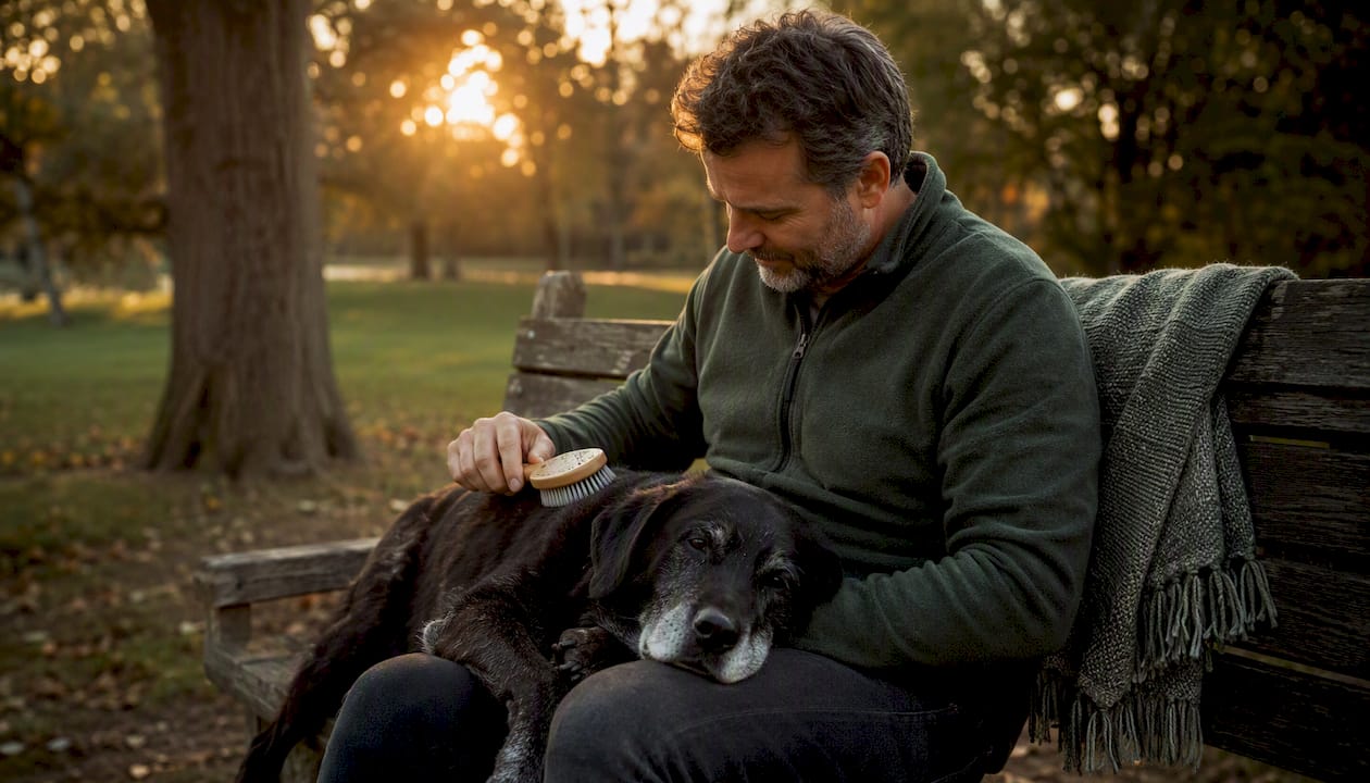 Man brushing tired dog with dull coat in park
