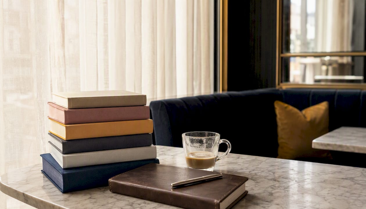 Desk with post-divorce financial books and journal