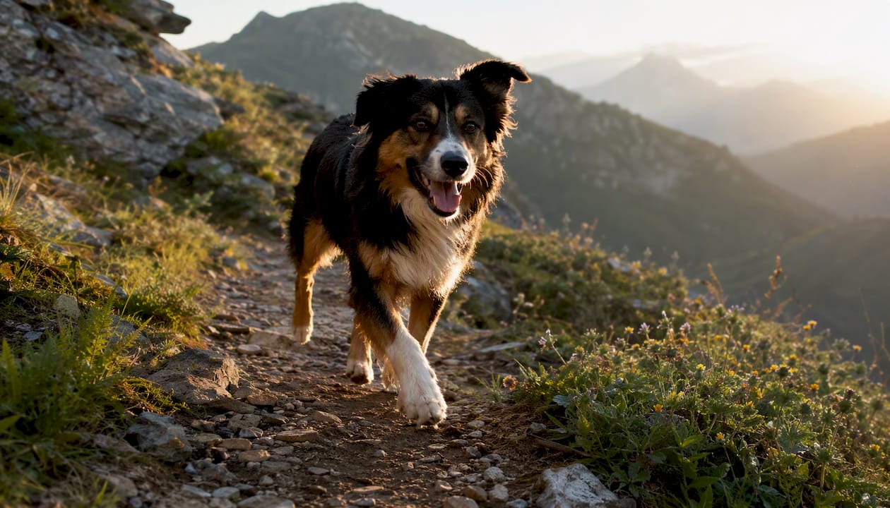 Active dog hiking on forest trail