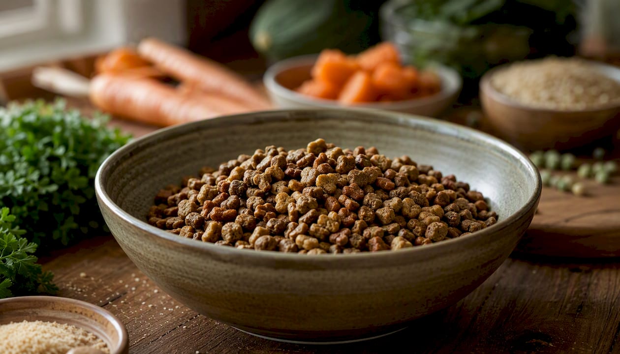 Bowl of assorted dog food kibble with ingredients
