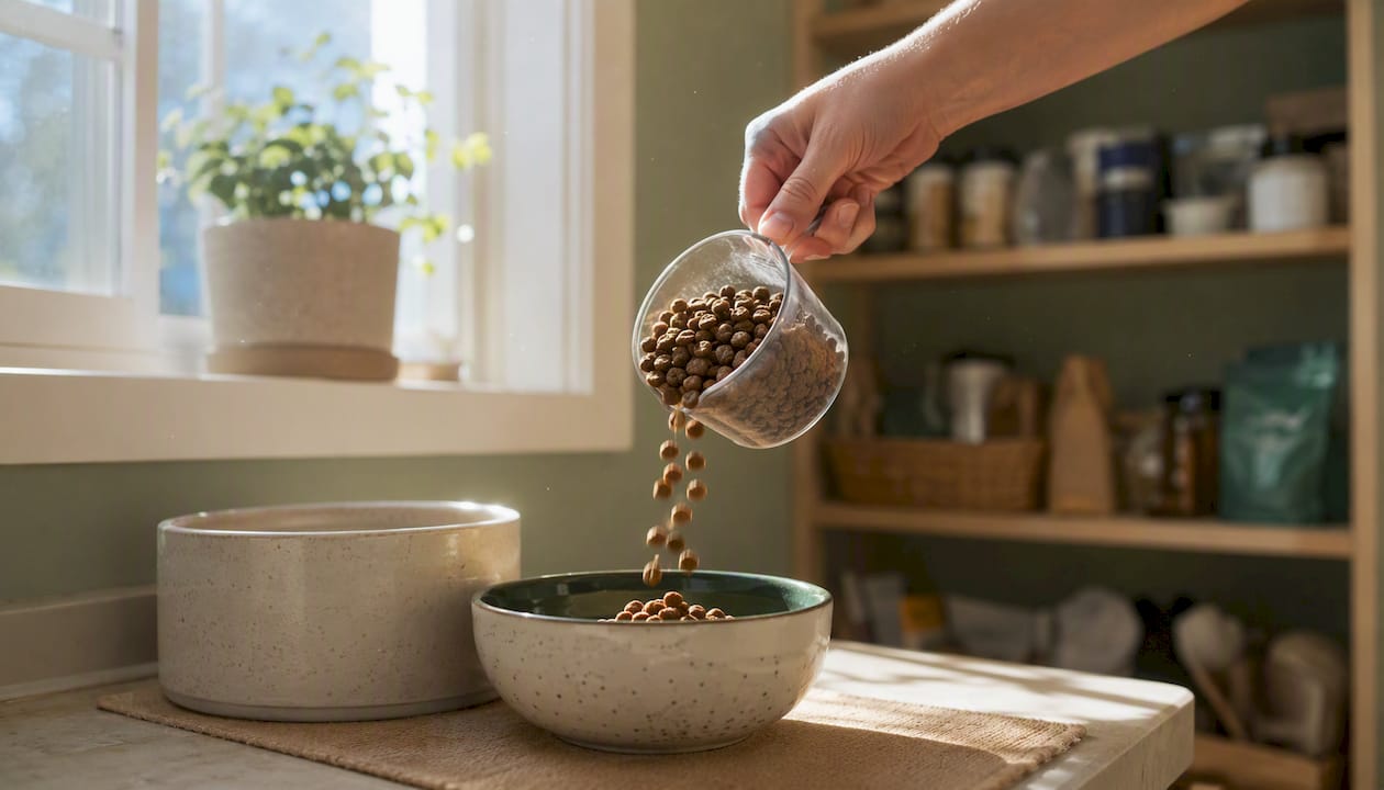 Measuring kibble into pet bowl