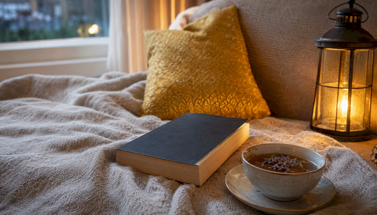Fiction book with tea and candle on wood desk