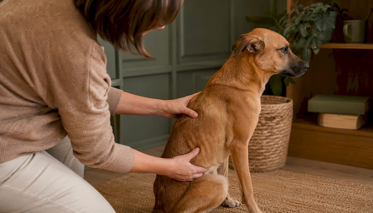 Hands gently feeling dog ribs in body condition check
