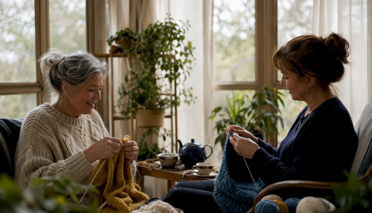 Hands knitting colorful yarn together