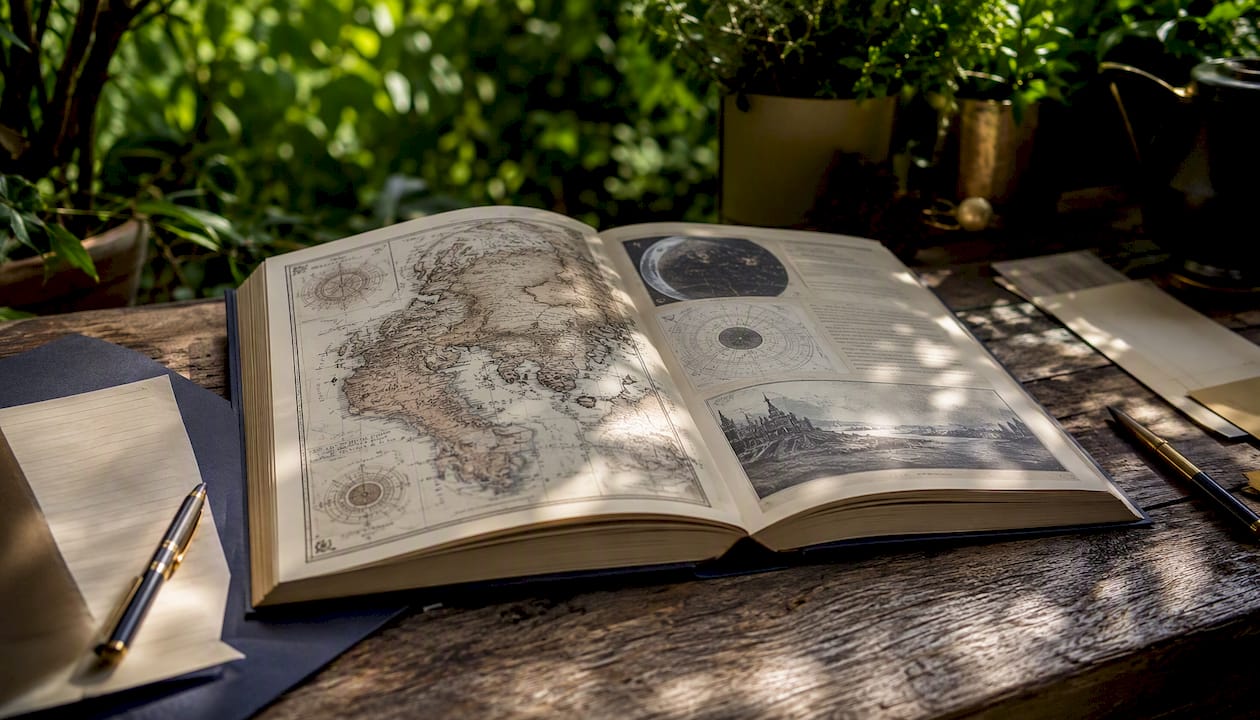 Open sci-fi novel with world map and notes