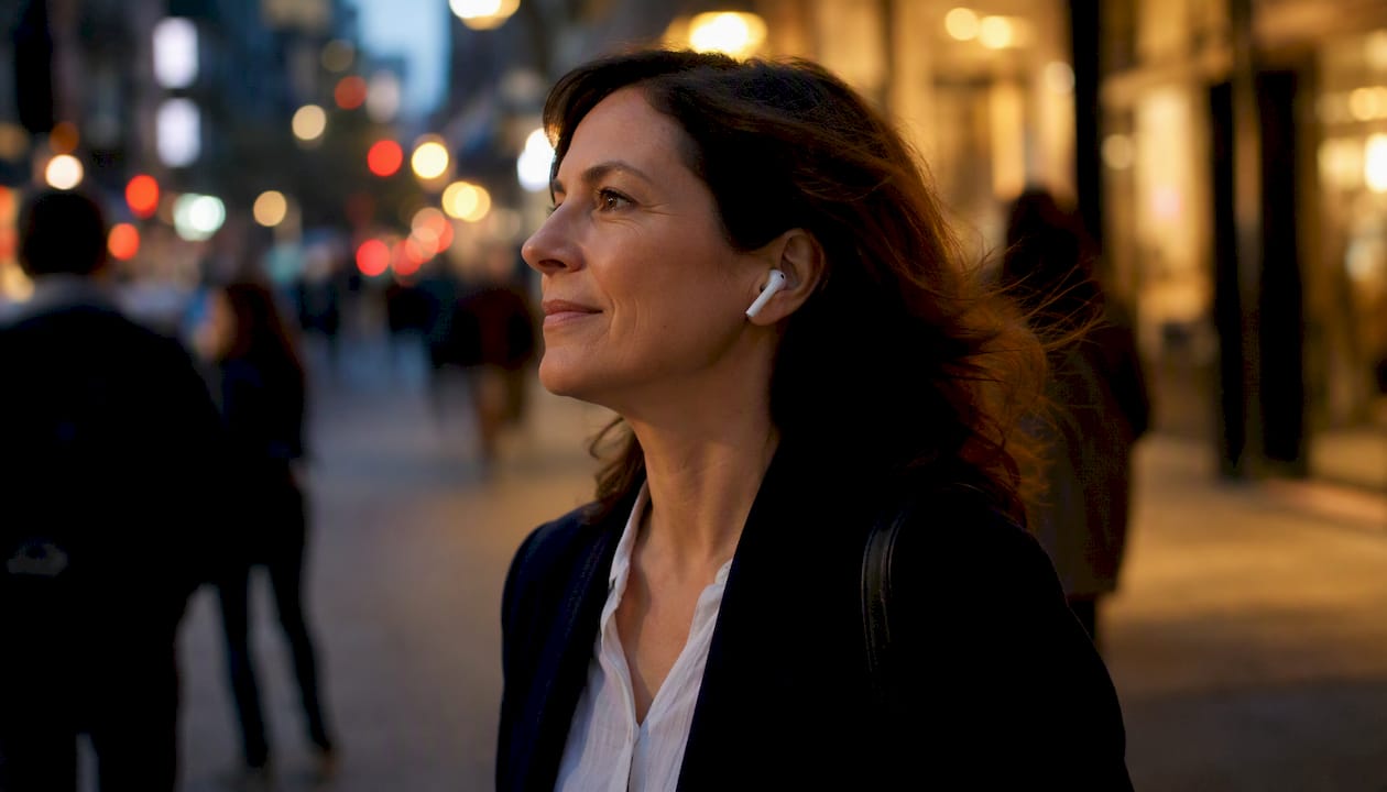 Woman walking outdoors listening to audiobook