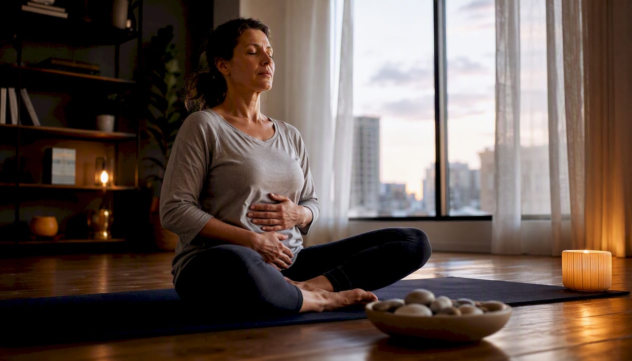 Woman practicing box breathing for calming