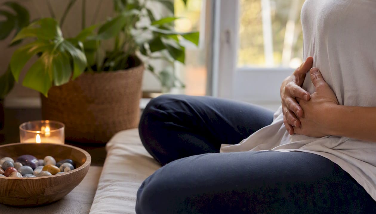Close-up of hands performing calming breath gesture