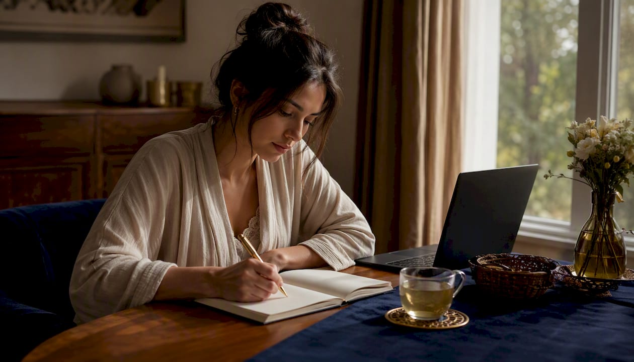 Woman writing in notebook with laptop off