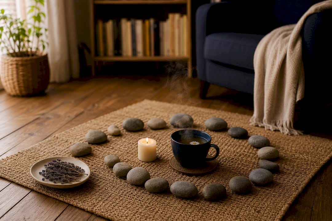 Mindfulness reflection setup with stones and candle