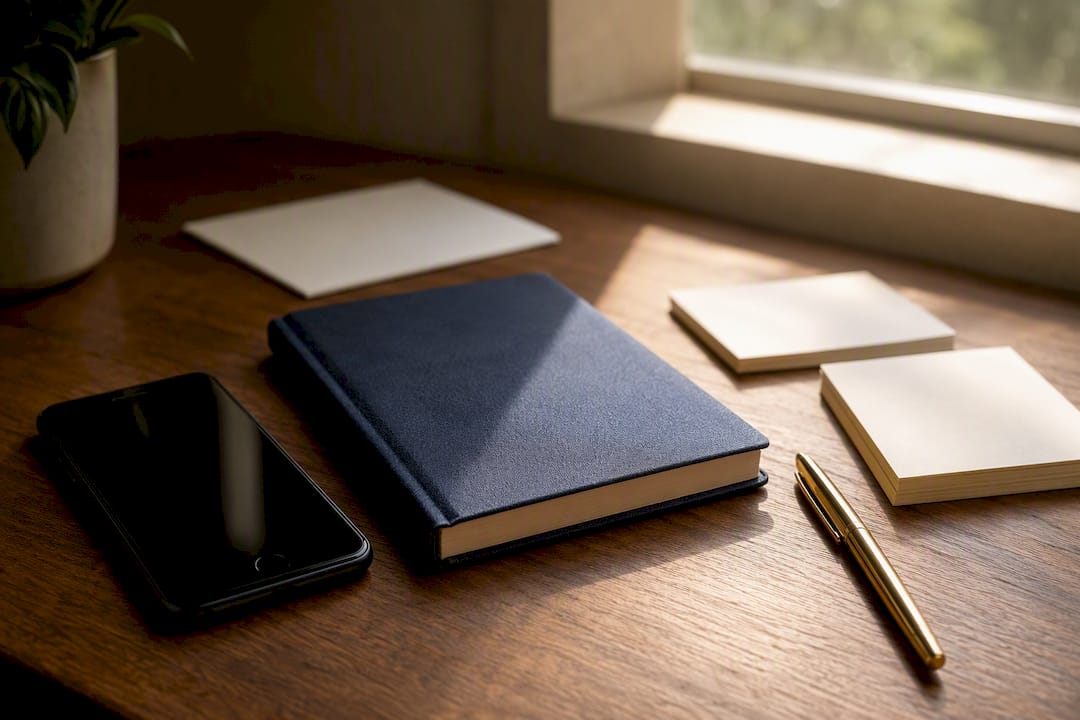 Smartphone and notebook on desk surface