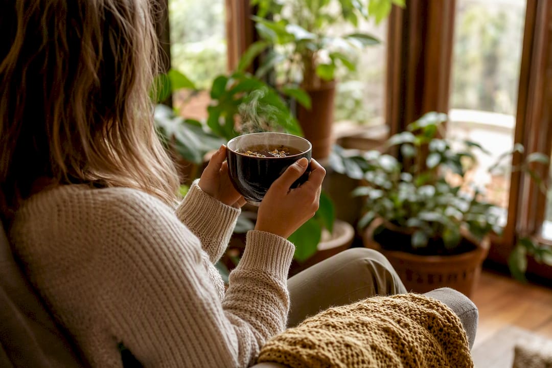 Hands holding warm tea cup by window