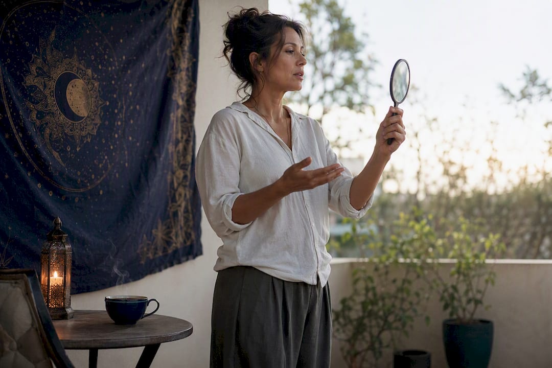 Woman rehearsing boundary scripts in mirror