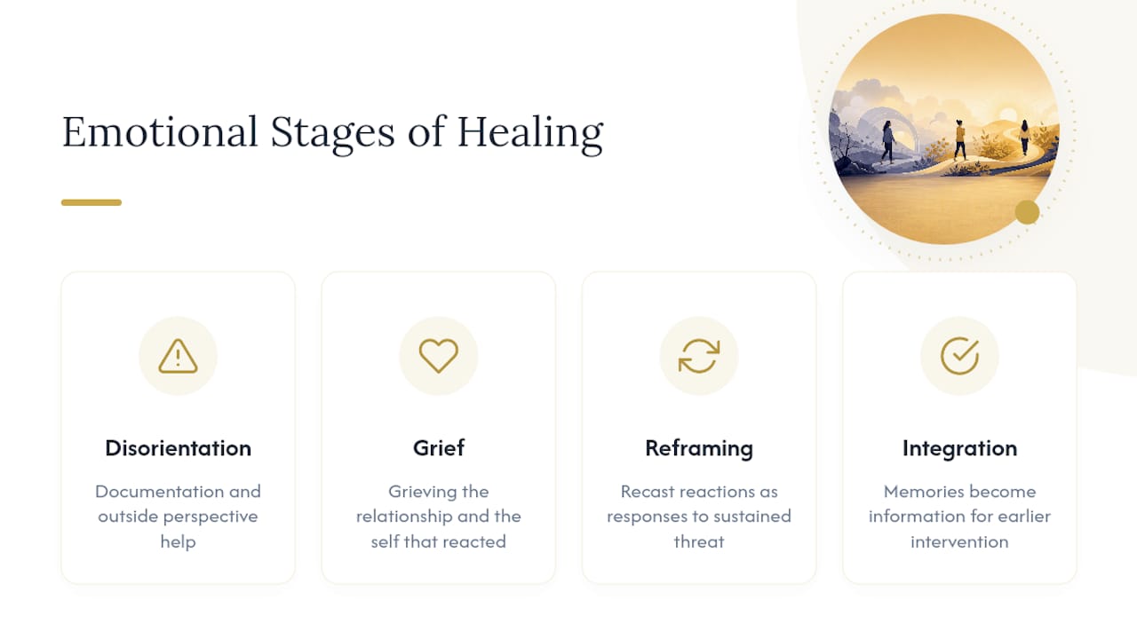 Diagram of stages of reactive abuse healing