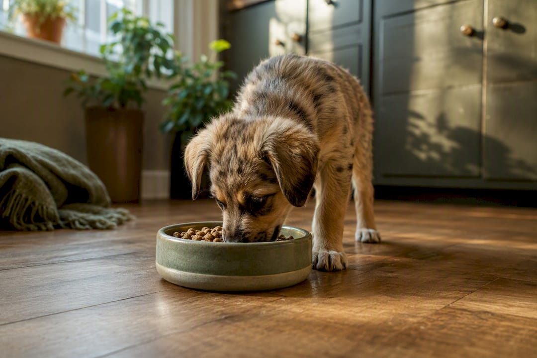 Puppy eating measured food from bowl