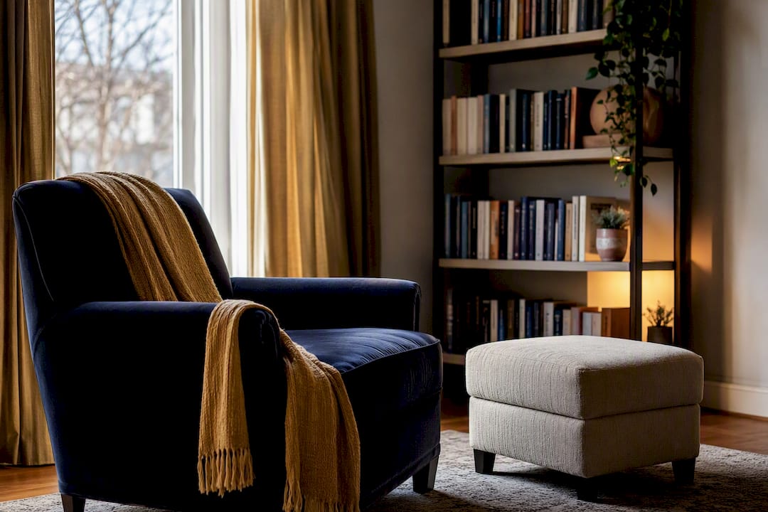 Therapy room corner with books and chair