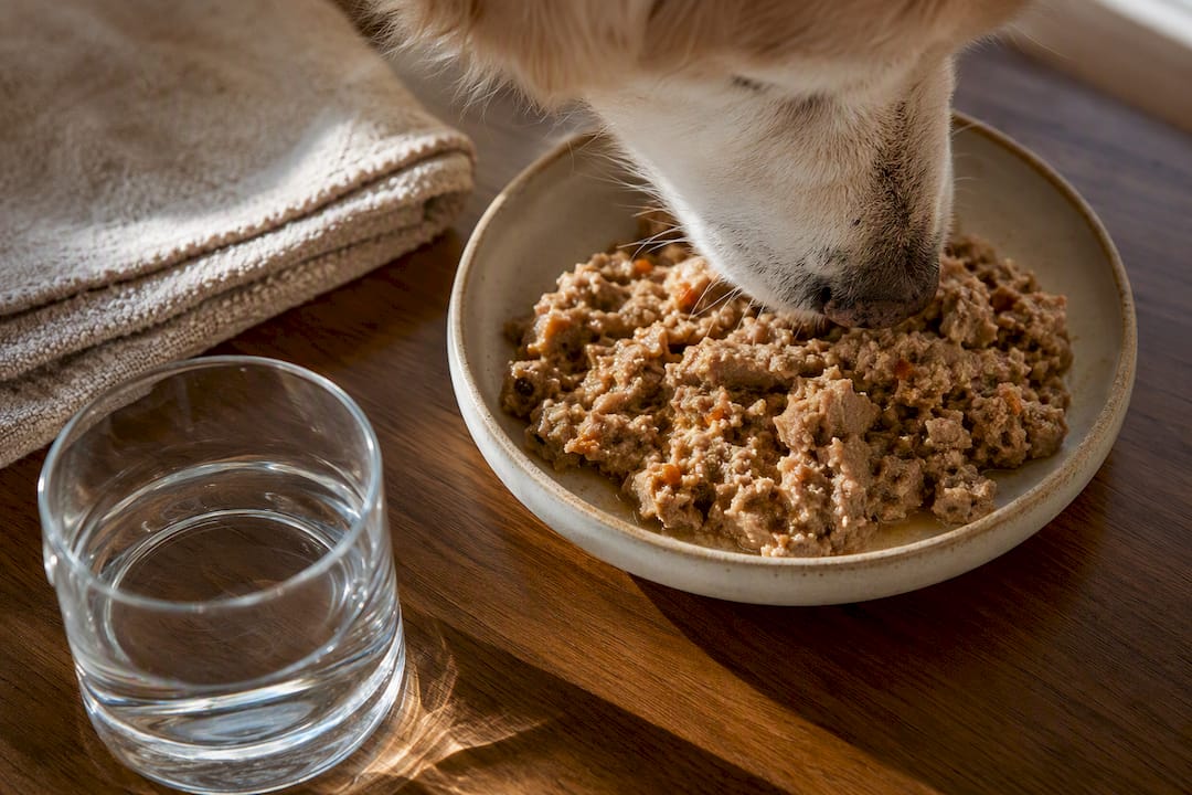 Senior dog approaching softened food dish