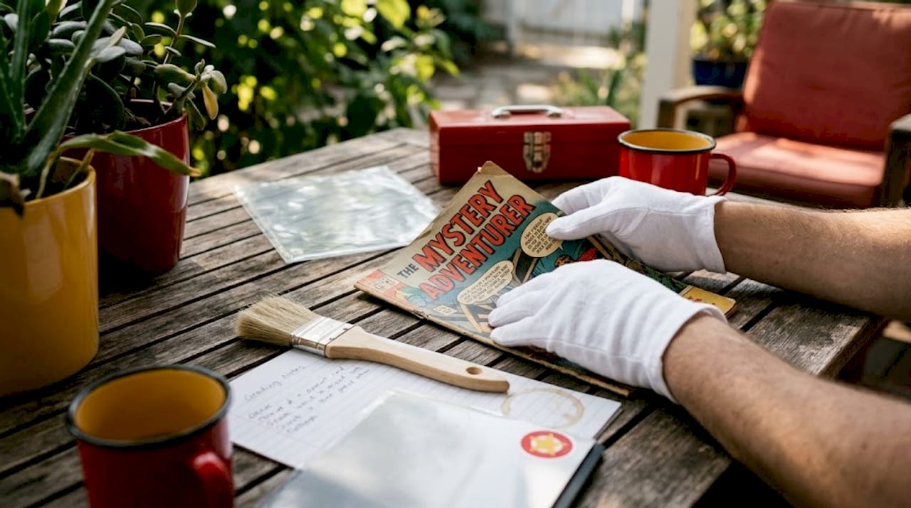 Hands inspecting comic defects at table