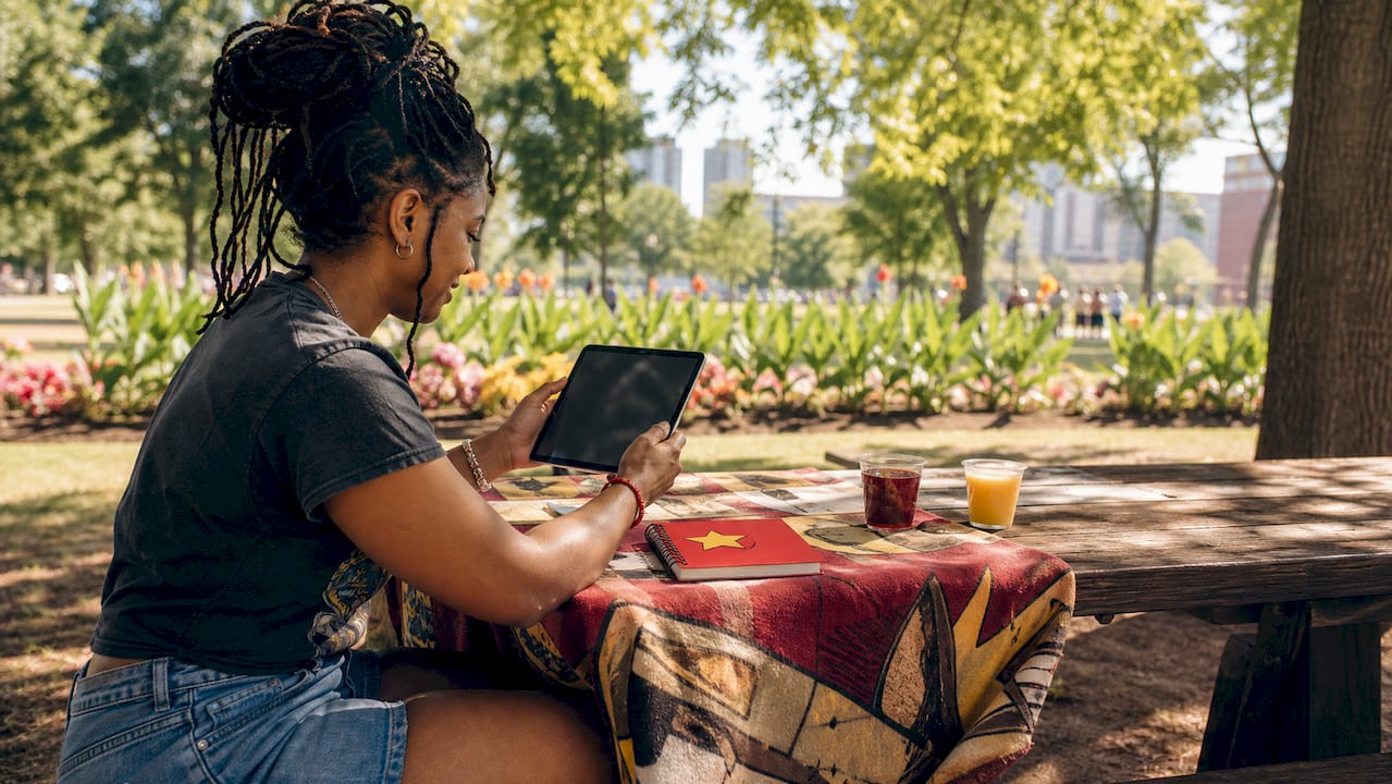 Collector reviewing comic sales on tablet in café