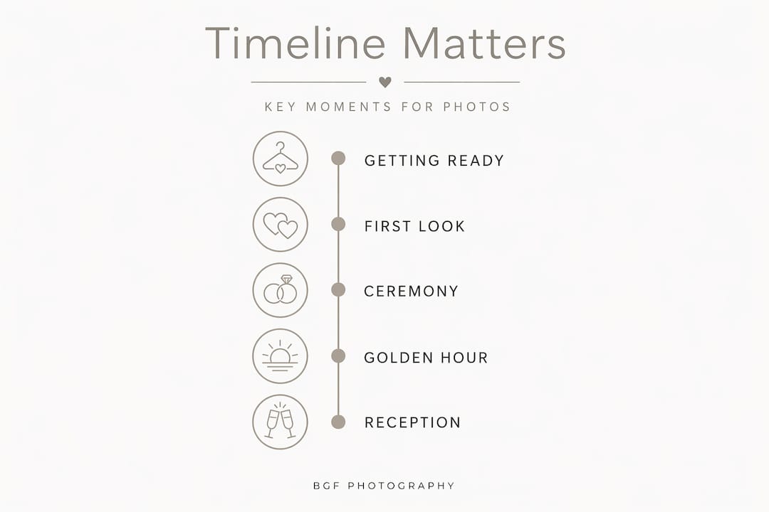 Wedding photo timeline flow from preparation to reception