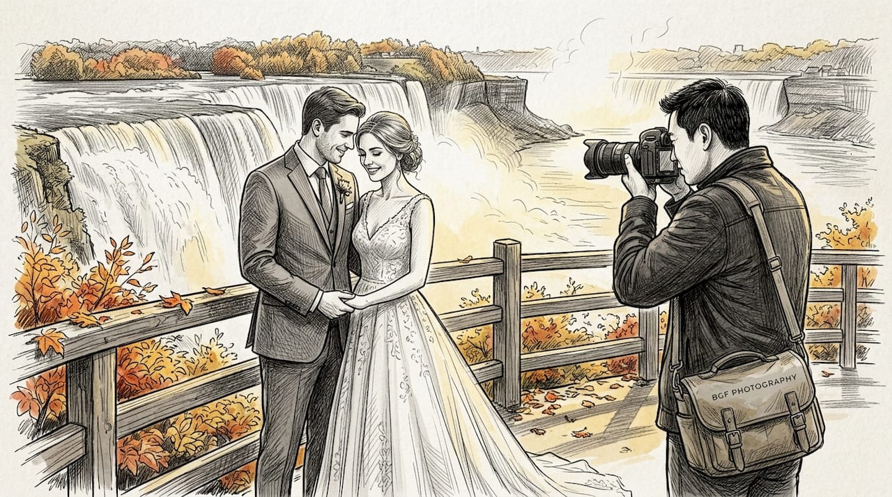 Newlywed couple at Niagara Falls overlook