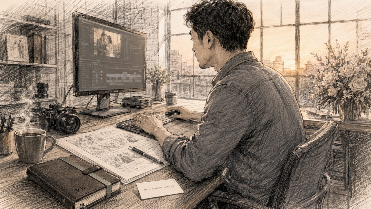 Wedding film editor working at home studio
