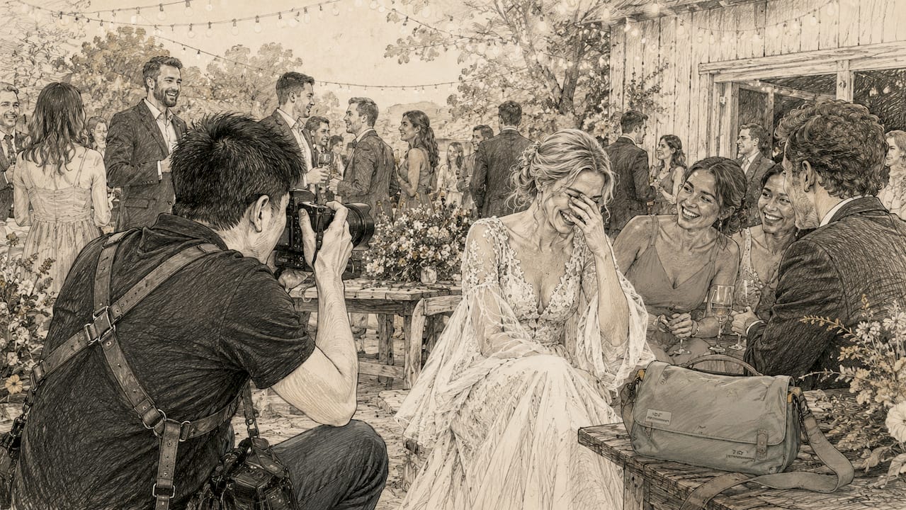 Bride laughing candidly at wedding reception