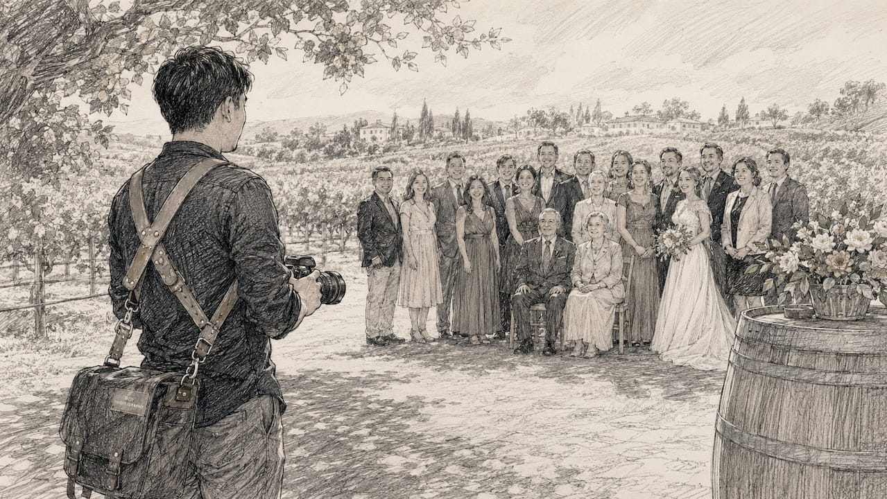 Photographer directing family portrait outdoors at wedding