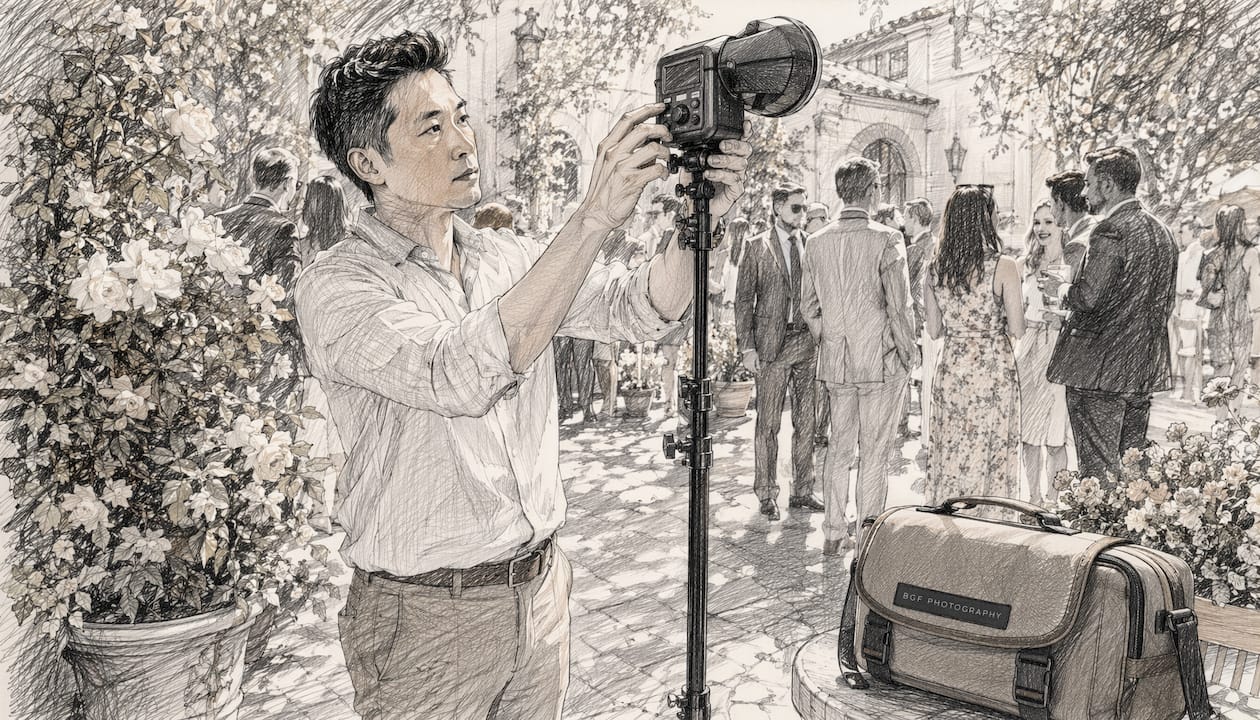 Wedding photographer adjusting lighting outdoors