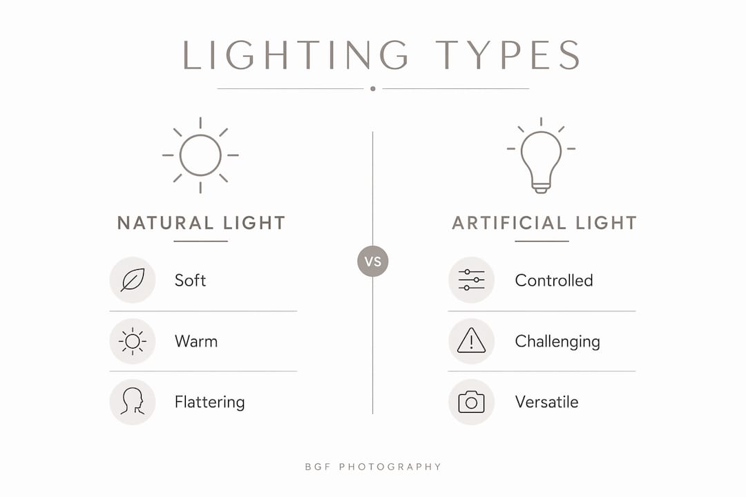 Infographic comparing natural and artificial lighting types