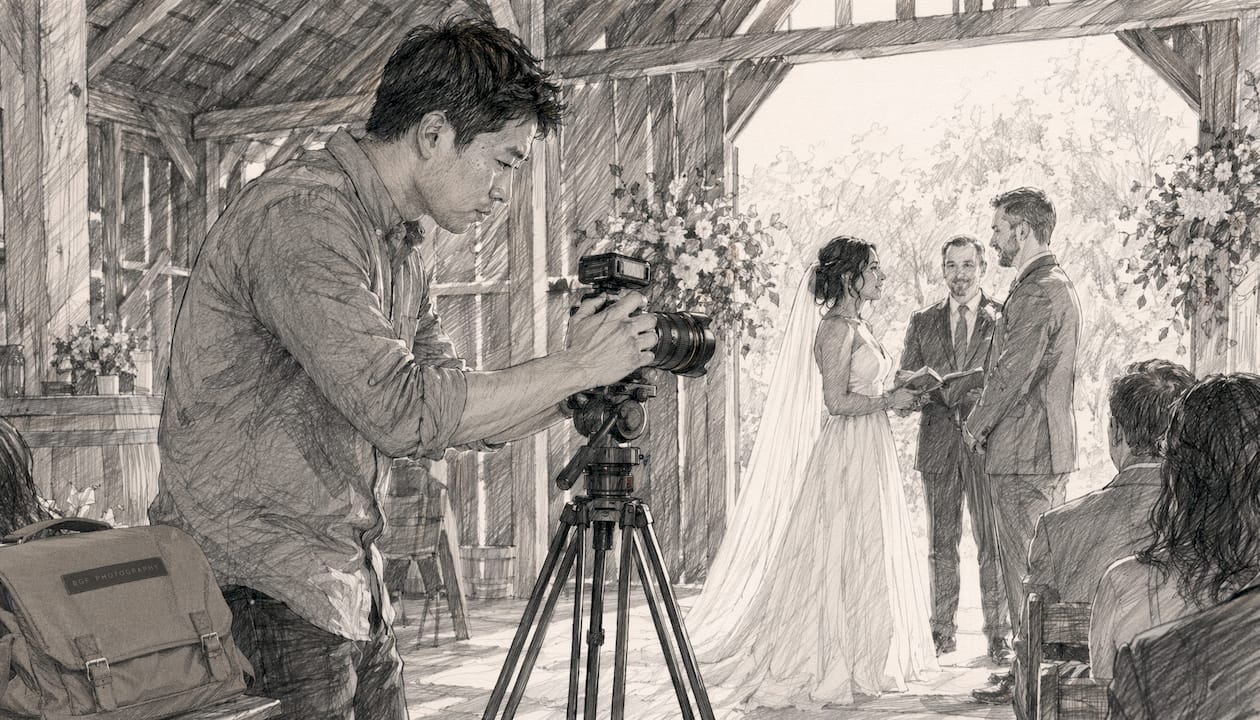 Videographer filming diverse couple exchanging vows in church